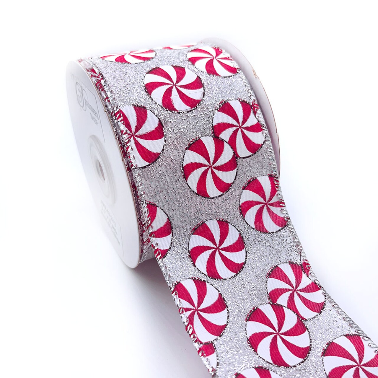 Designer’s Shop WR 63-5212 Holiday Peppermint Candy Wired Edge Ribbon – 2.5" x 10 Yards, Silver Glitter Background